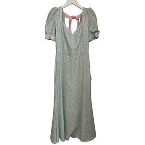 Olivia Rubin Sz 2 Blue Pink Sequin Daphne Puff Sleeve Bow Sweetheart Midi Dress